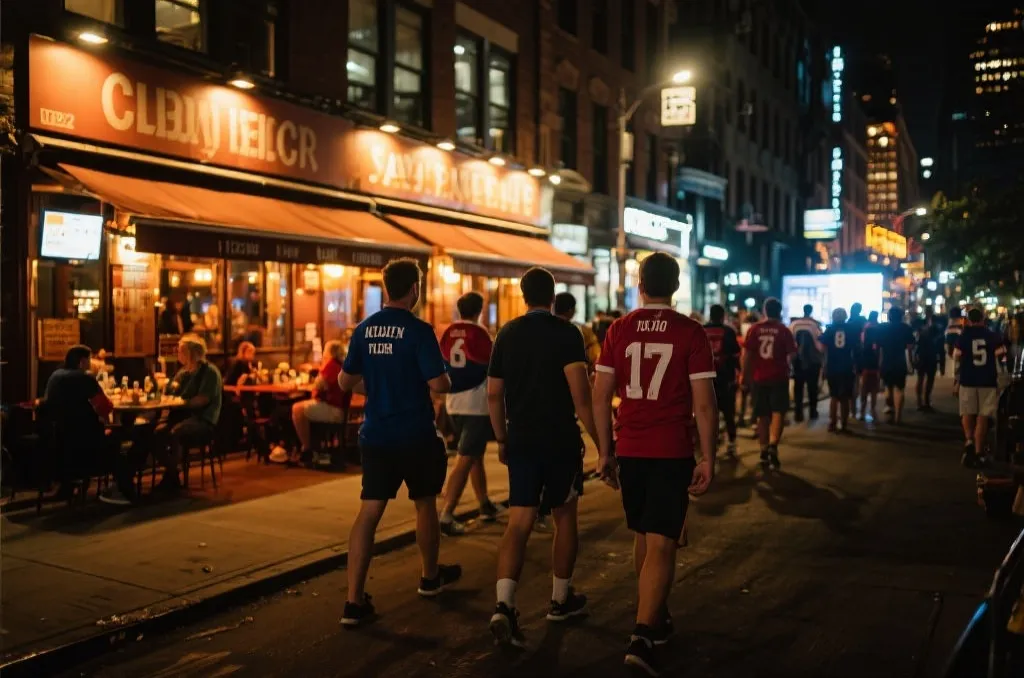 球迷在城市夜色中步行前往直播点,街边餐馆灯光温暖,氛围轻松